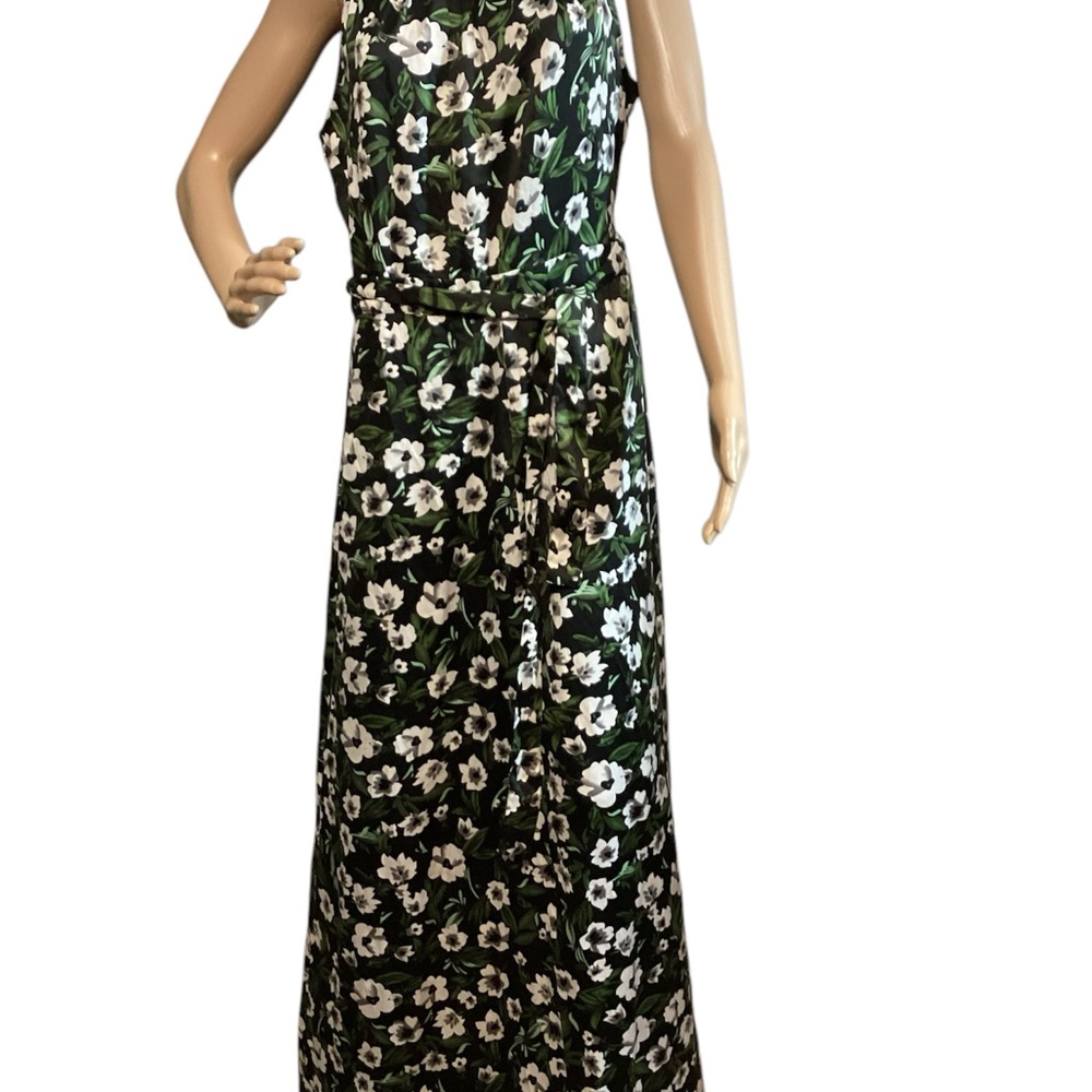 bebe Black Floral Maxi Dress with White Flowers and Green Leaves size 12